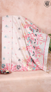 Off White and Pink Floral Jamdani Tussar Silk Saree